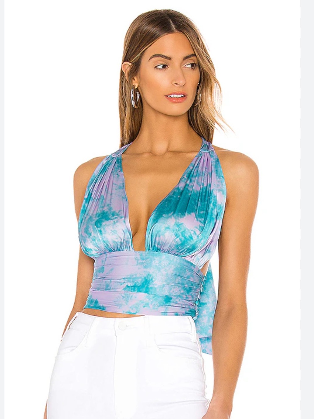Lovers + Friends Blue & Lavender Tie-Dye Halter Wrap Top